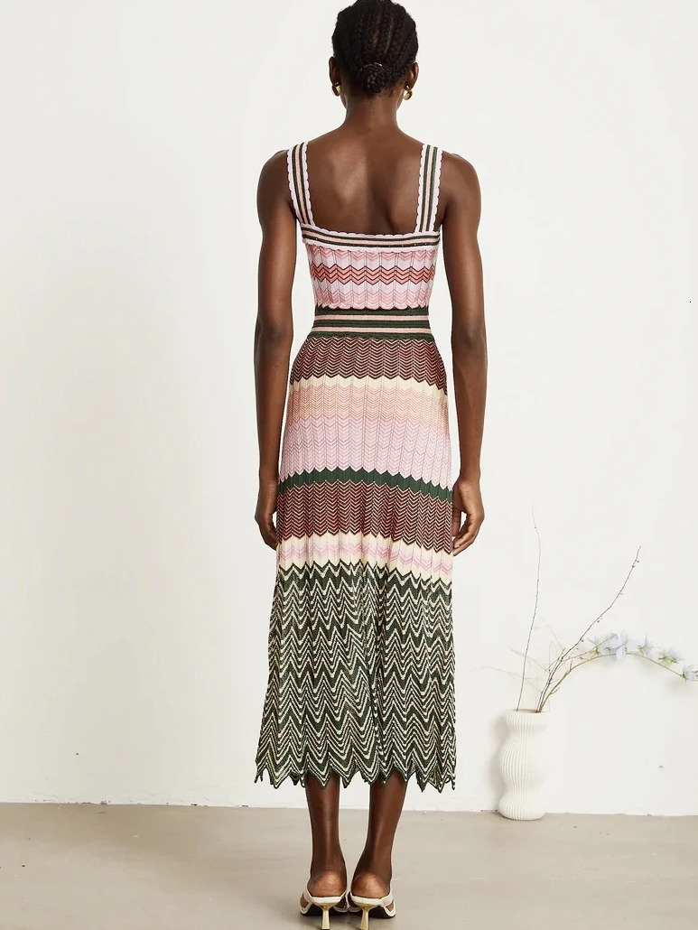 Knitted Zigzag High Elasticity Color Sleeveless Long Maxi Dress Women Arab Africa Boho Lady Skirt 260416