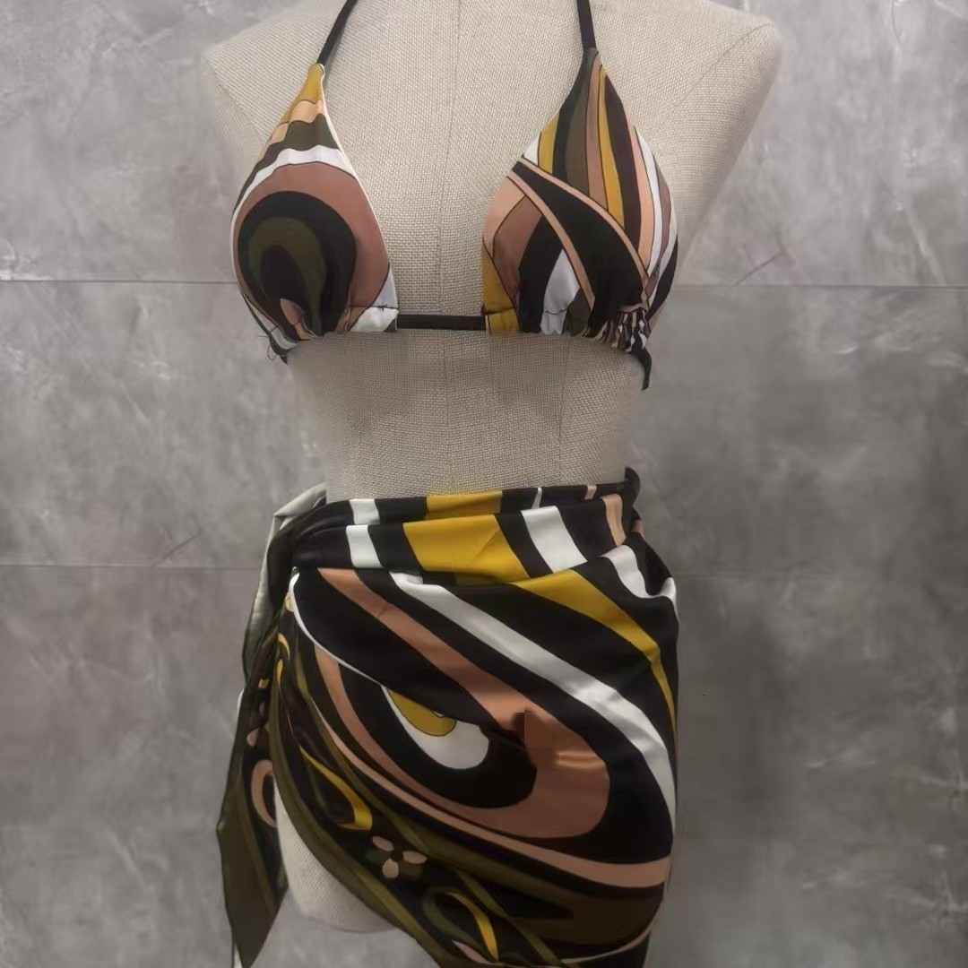 Womens Hollow Out One-piece Swimsuits And Skirt Geometry Print Sexy Bikini Fashion Beach Bathing Suit 250327