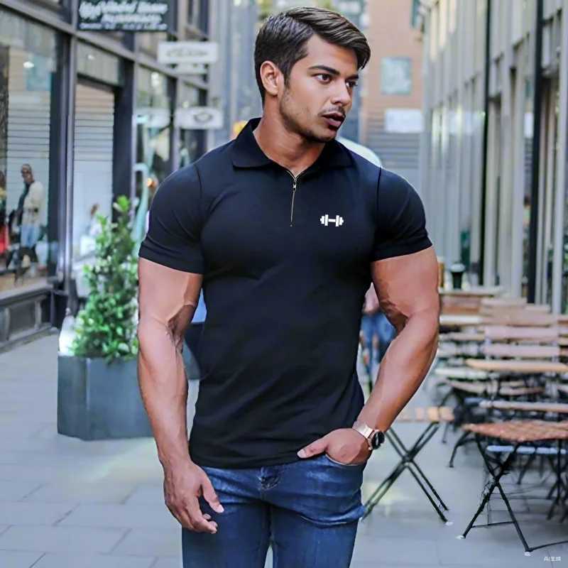 Summer Quick Dry Short Sleeve Polo Shirts Compression Tight Mens Bodybuilding Muscle Shirts Gym Fitness Trainer Trainning Polo W260317
