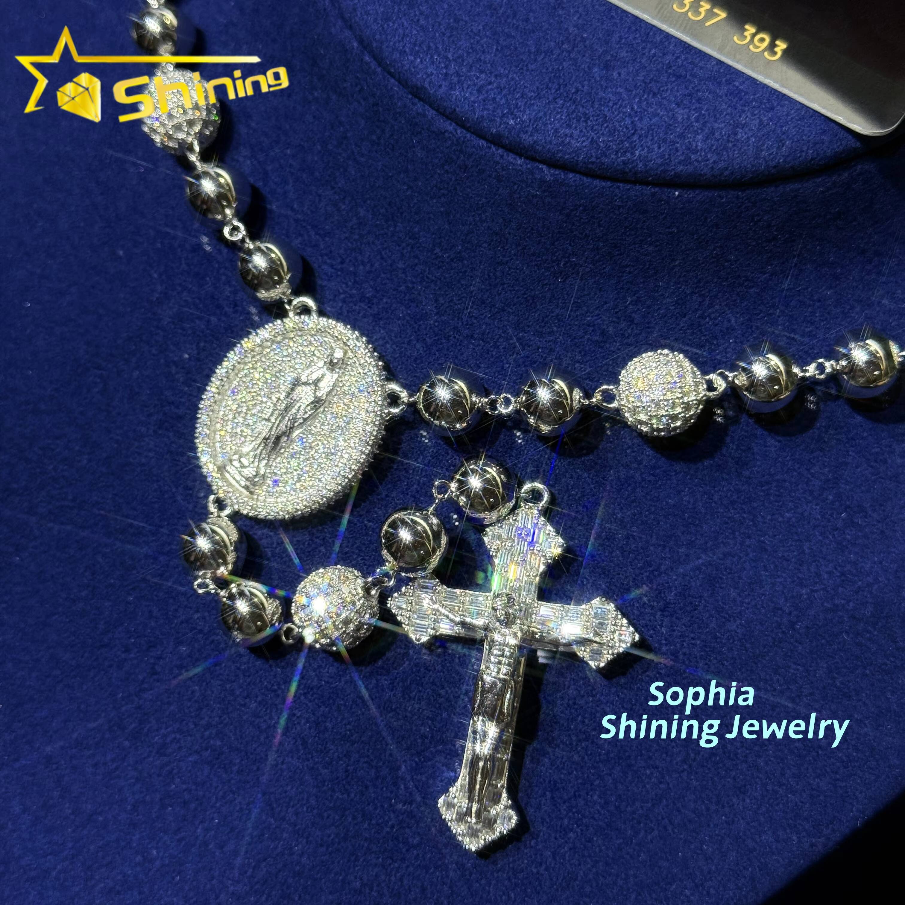 Hip Hop 925 Silver Moissanite Bead Necklace with Cross Pendant Custom Iced Out Moissanite Diamond Rosary Chain