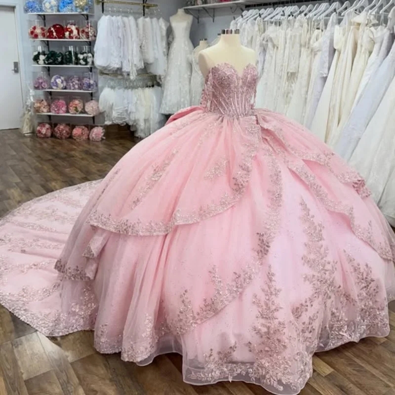 Pink Ball Gown Quinceanera Dresses Applique Lace Beading Crystal Bow Tull Corset Off Shoulder Sweet 16 Dress vestidos 15 De Anos