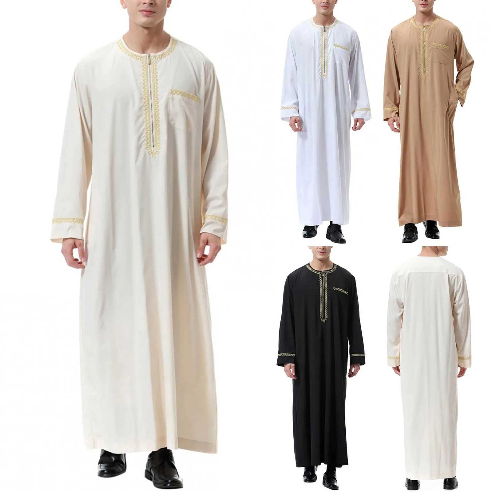 Traditional Muslim Clothing Mens Muslim Shirt robe embroidery Islamic Royalty Dubai Robe O-Neck Long Sleeve Retro Loose Abaya W251216