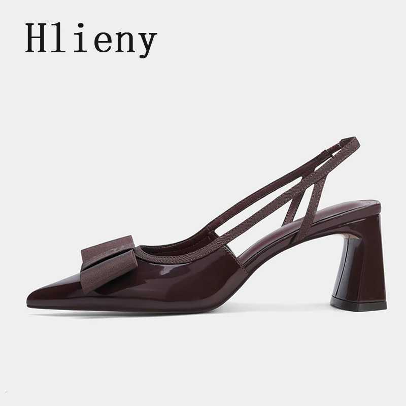 Hlieny Vintage Brown Elastic Butterfly Knot Designer High Heels Sandals Patent Leather Pointed Toe Slingbacks Shoes Women Pumps X260417