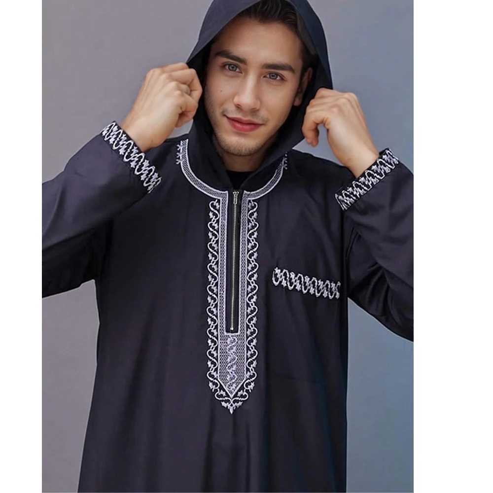Mens Ethnic Pattern Embroidery Zipper Hooded Robe Traditional Long Sleeve Pocket Jubba Thobe for Daily Wear Man Islamic Thobe W251216