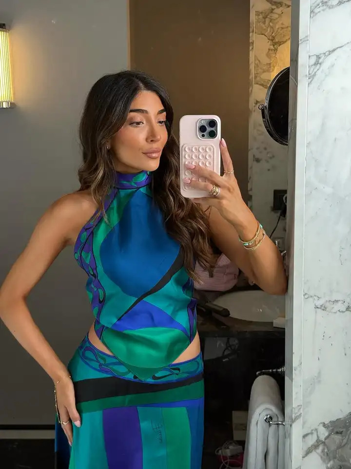 Irregular Satin Printed Sets Halter Neck Lace-up Tank Top Asymmetric Midi Skirt 2 Pieces Set 2026 Summer Casual Vacation Outfits 260417