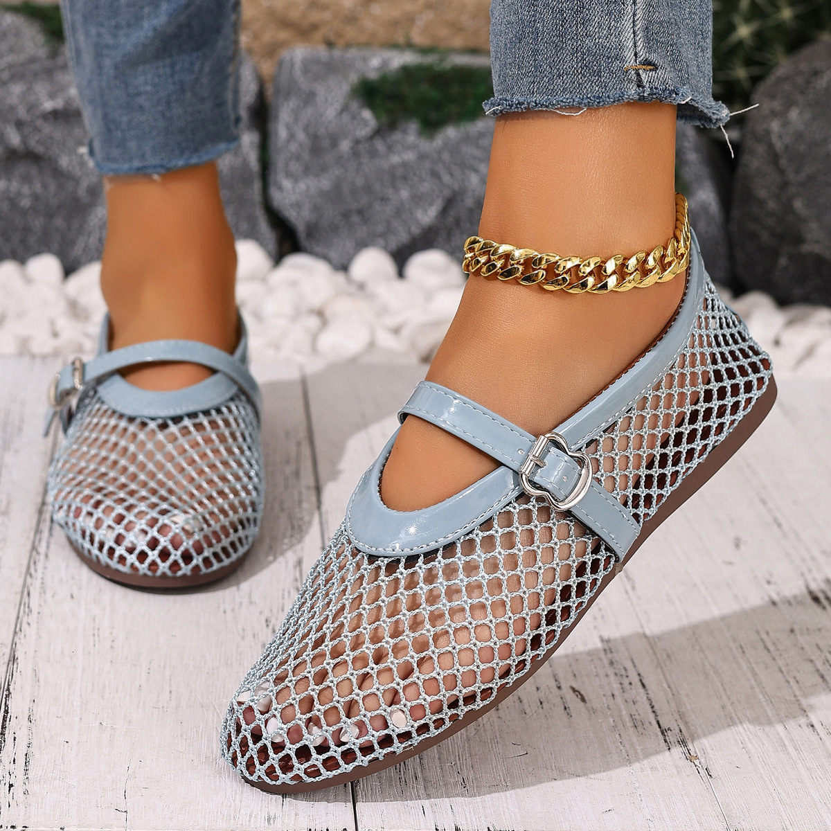Large-Size Soft-Soled Breathable Shoes For Women, New Flat-Soled Hollow Mesh Mary Jane Shoes
