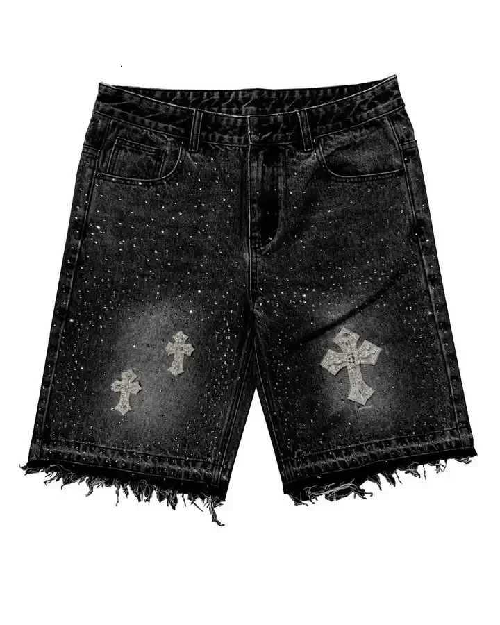 Streetwear Punk Sparkle Cross Denim Shorts Mens Womens Black Rhinestone Studded Baggy Jeans with Distressed Frayed Hems Y2K Vibe X260417