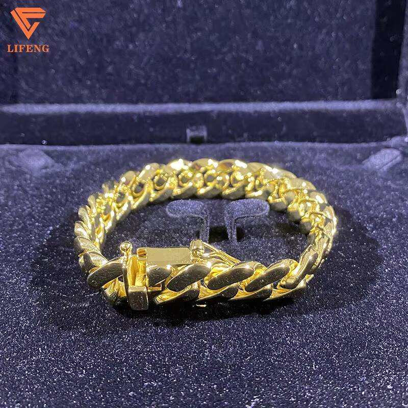 Lifeng Jewelry 14MM Yellow Gold Plated Men Hiphop Smooth Cuban Link Chain 925 Sterling Silver Luxury Miami Cuban Chain Bracelet