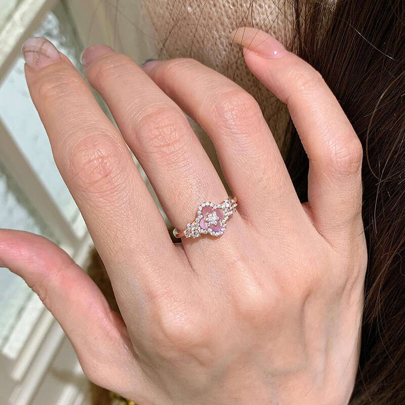Zircon Mother-Of-Pearl Rhombus Three-Petal Grass Open Fashion Trend Index Finger Ring Elegant Versatile Sweet Hand Jewelry Wholesale