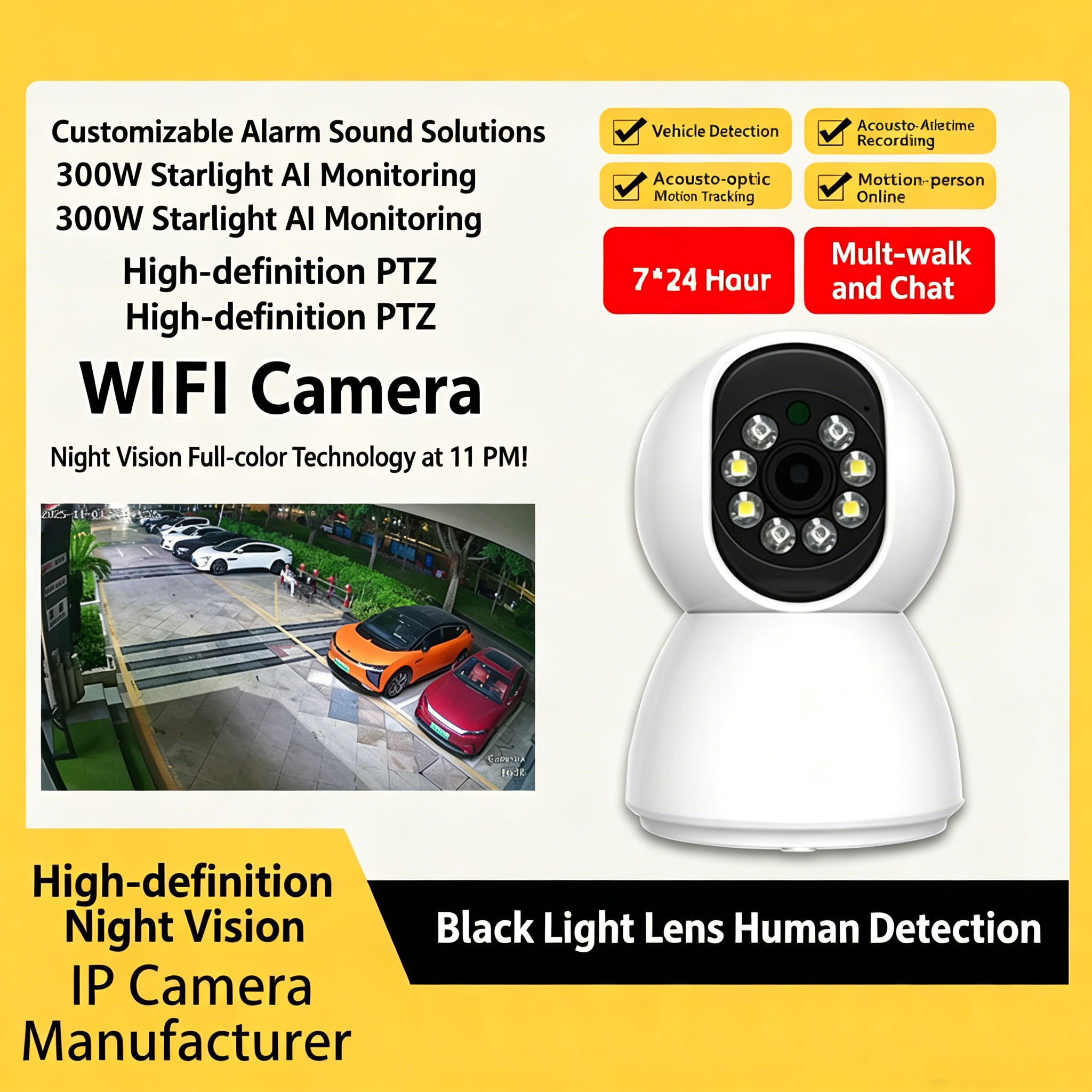 3MP Starlight AI PTZ WiFi Camera, Human/Vehicle Detection Home Security Camera with Full Color Night Vision & Two-Way Audio