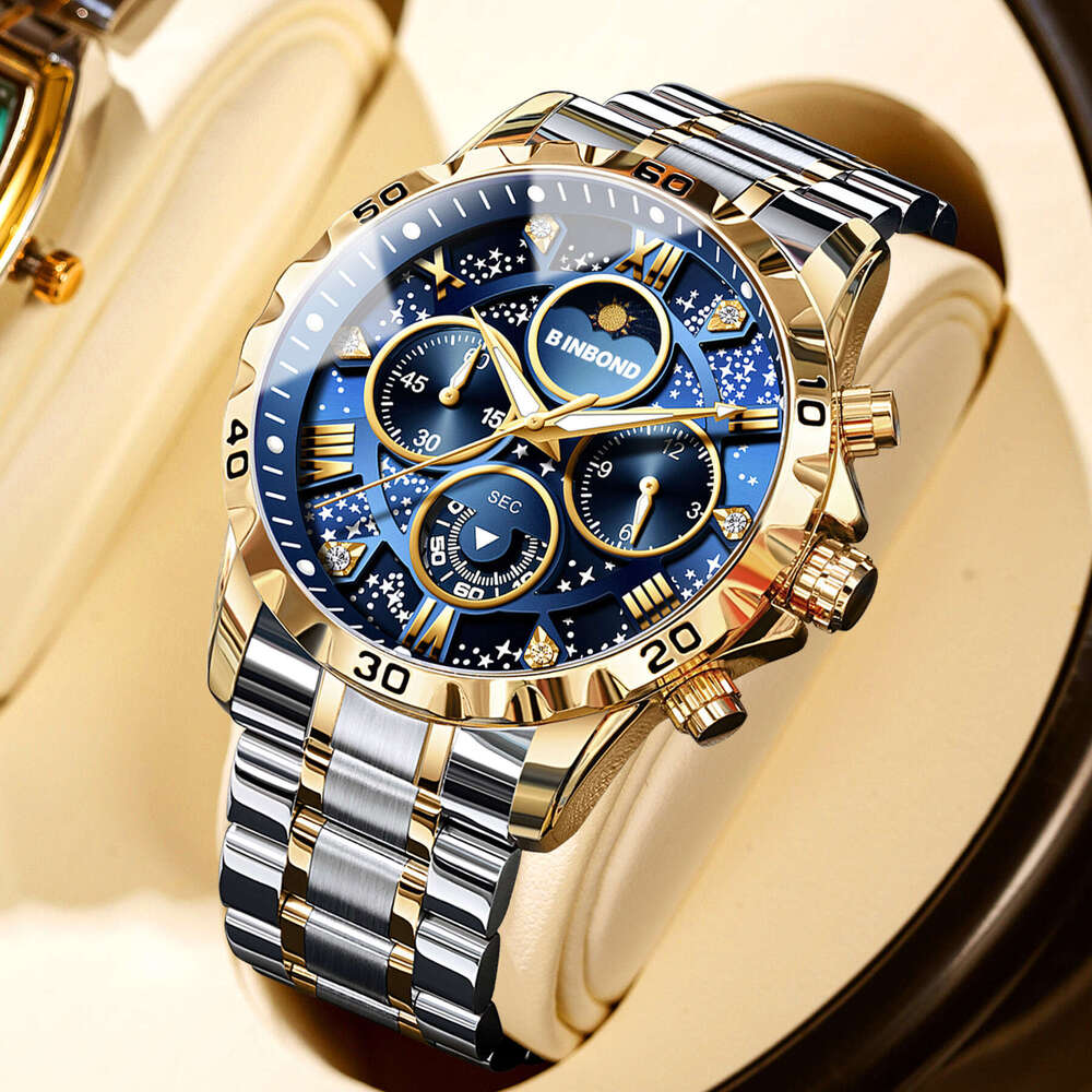 BINBOND Men's Quartz Watch, 38mm Steel Band Moon Phase Starry Night Dial, Waterproof Japanese Korean Style Luxury Timepiece