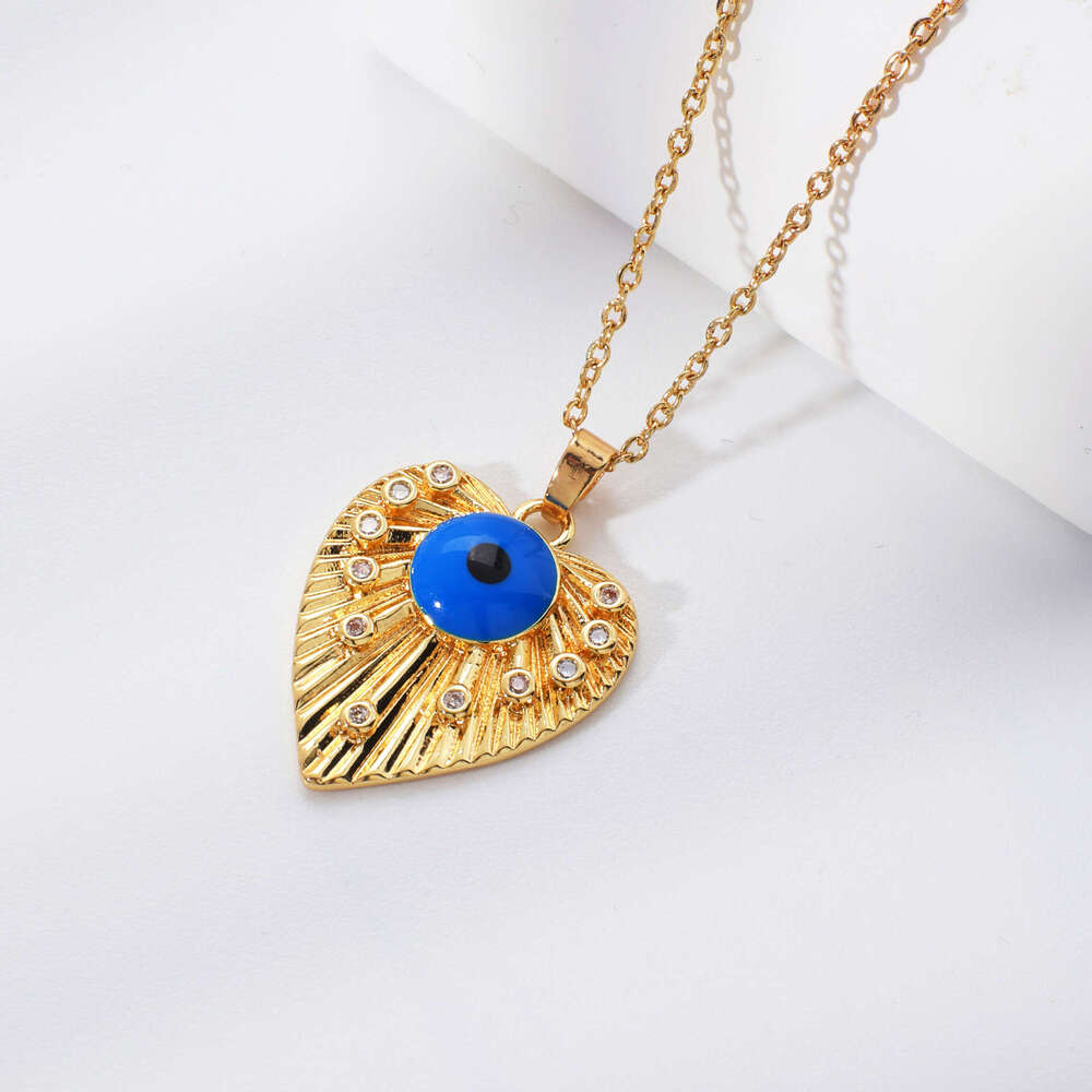 Kashi Cross-Border Pleated Heart Geometric Blue Eye Pattern Exquisitely Designed Zircon Necklace Wholesale Birthday Gift