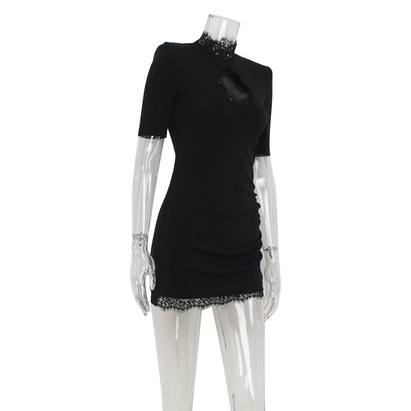Casual Dresses Lady Black Lace Hollow Out Mini Dress Women Elegant Short Sleeve High Collar Slim Sexy Dresses 2026 Fashion Evening Party Wares