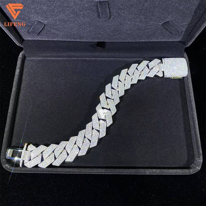 Lifeng Jewelry 20mm 4rows VVS Moissanite Cuban Link Chain Bracelet Sterling SIlver Diamond Hiphop Moissanite Cuban Chain for Men