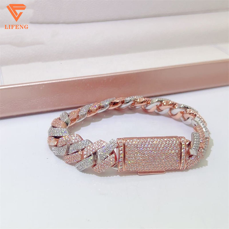 Custom 15mm 925 Sterling Silver Fine Chains Mens Two-Tone Rose Gold Cuban Link VVS Moissanite Diamond Test Ice Charms Bangles
