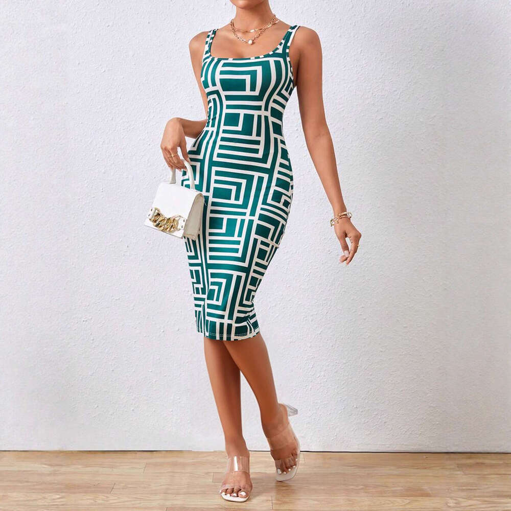 Summer Women Sleeveless Print Tank Dress Slim Fit Bodycon Mini Dress Fashion Casual Party Dress For CrossBorder Europe America MAKOUFEI