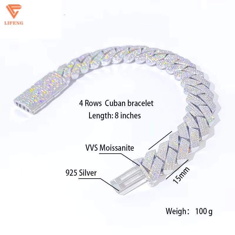 12mm 15mm 18mm Miami Hip Hop 925 Silver Bracelet Gold Plated Moissanite Cuban Link for Men and Women