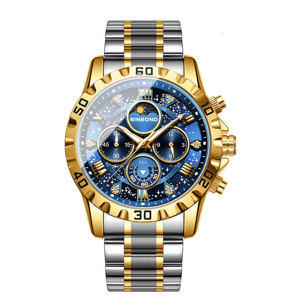 BINBOND Men's Quartz Watch, 38mm Steel Band Moon Phase Starry Night Dial, Waterproof Japanese Korean Style Luxury Timepiece - view 6