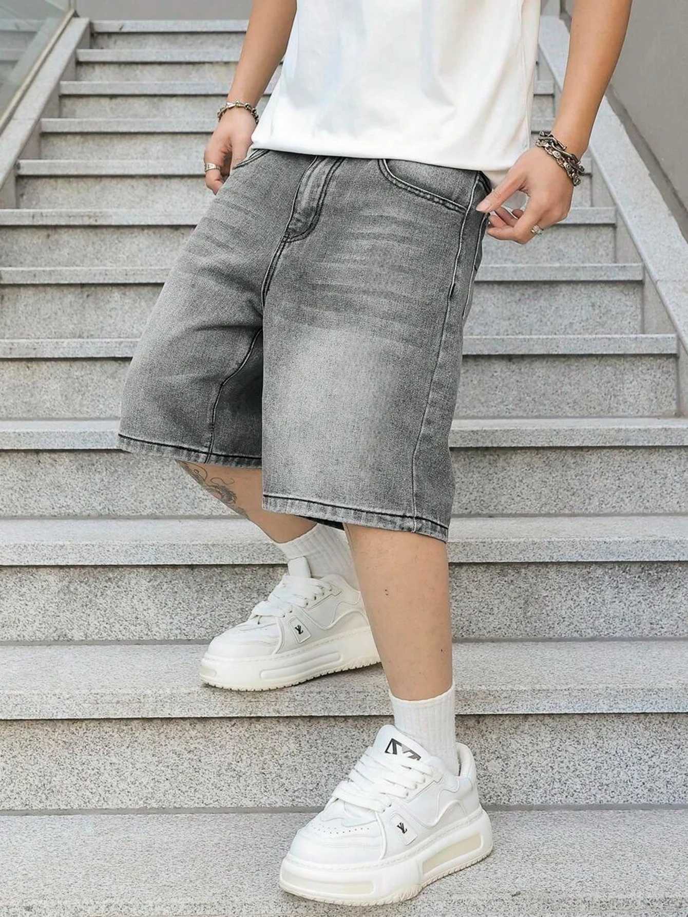 Men loose fit casual denim jorts lightweight solid color design non stretch comfortable daily wear gray black light color shorts X260417