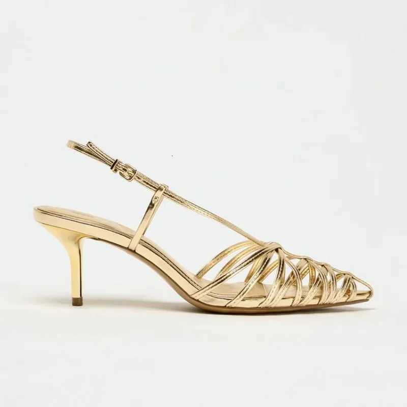 Luxury Gold Narrow Strap Hollow High Heels Women Sexy Pointed Toe Backless Designer Sandals Elegant Fashion Banquet Wedding Shoe X260417