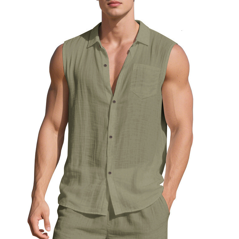 Fashion Turn-down Collar Linen Shirt for Men Summer Thin Loose Simple Casual Sleeveless Cardigan T-shirt Vest 260417 - view 3