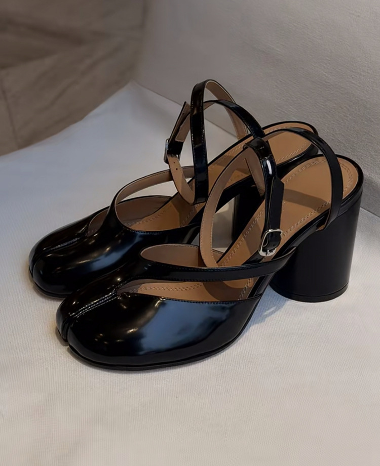 Women Patent Leather Tabi Split Toe Heeled Sandals, Ankle Strap Buckle Chunky Block Mid Heel Backless Vintage Mary Jane Shoes