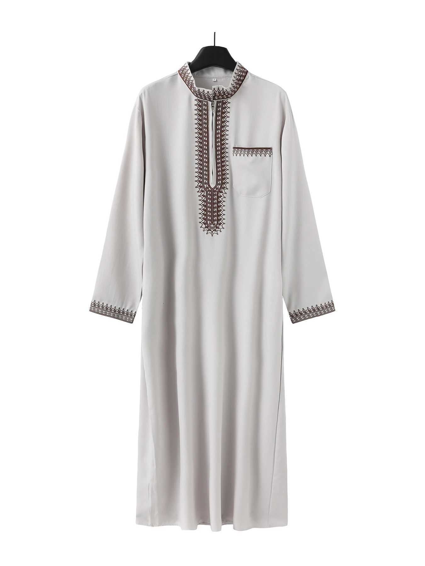 Moroccan mens thobe long sleeve ethnic style embroidered stand collar zipper design Muslim mens fashionable Abaya Arabic fest W251216