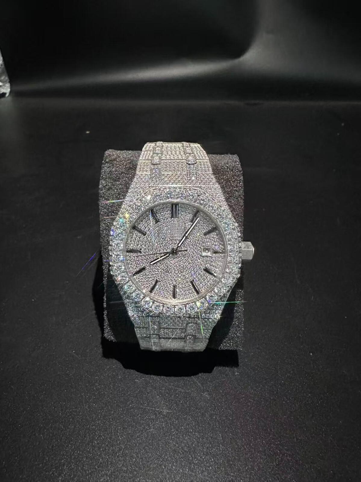 Mens moissanite watch imported mechanical movement entire of ice transparent Moissanite large dial with trendy style corrosion-resistant body suitable with box