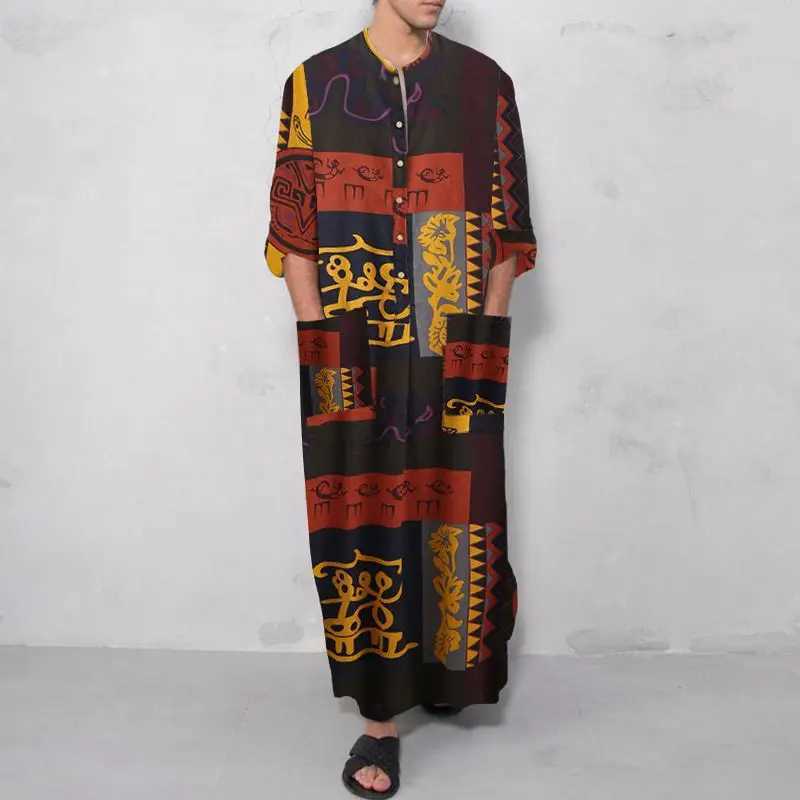 Mens Muslim Long Sleeve Cotton Striped Robes Islamic Arabian Kaftan Suit Middle East Dubai Abaya Retro Spring Clothing 2025 New W251216