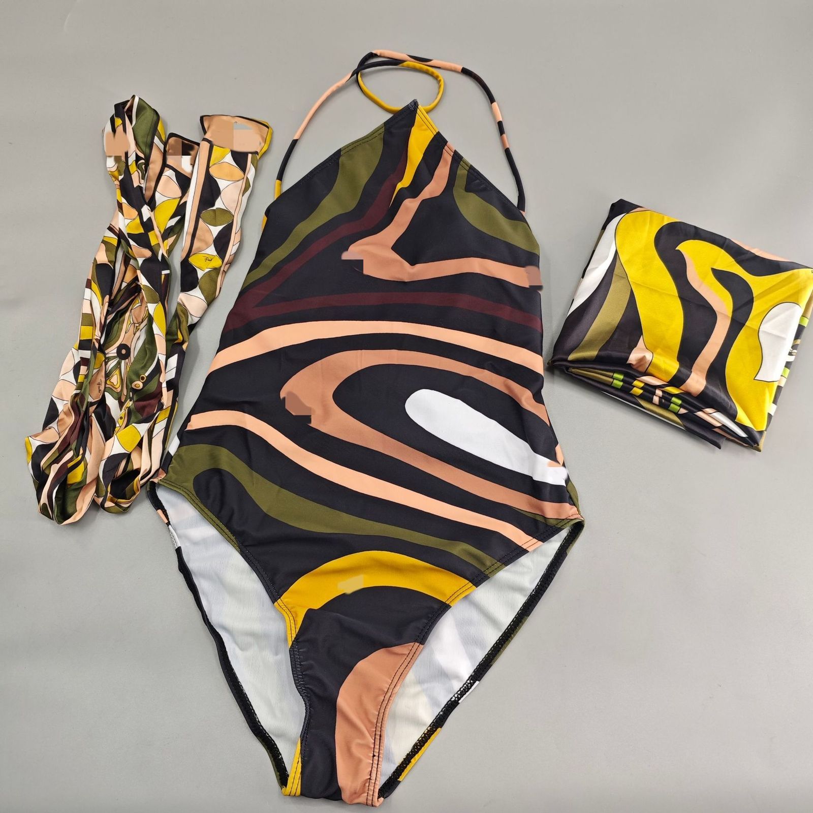 Womens Hollow Out One-piece Swimsuits And Skirt Geometry Print Sexy Bikini Fashion Beach Bathing Suit 250327