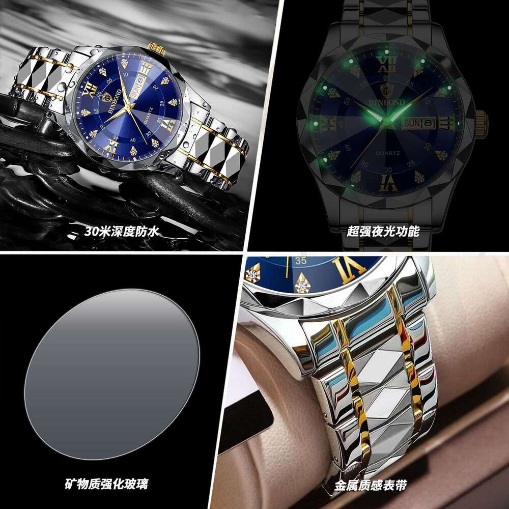 Luxury Brand Designer Clothes BINBOND Genuine Waterproof Luminous Dual Calendar Men's Quartz Watch Diamond-Shaped Pointed Glass