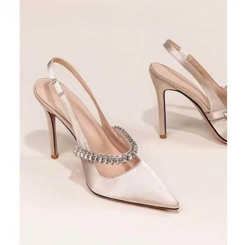 White Faux Leather Pointed Toe Pumps, 9cm High-Heeled Sandals with Rhinestone Embellishment, Formal Event Shoes - view 3