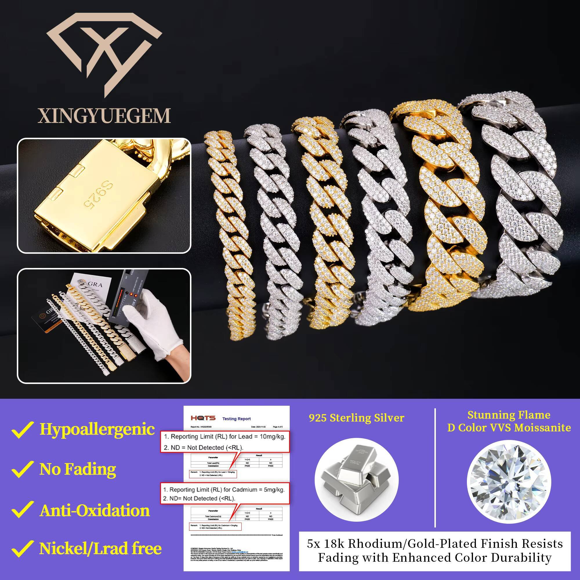 Miami Iced Out 8-14mm Vvs Mossanite Diamond Gold Plated White Gold Silver 925 Moissanite Cuban Link Arc Cuban Bracelet for Men