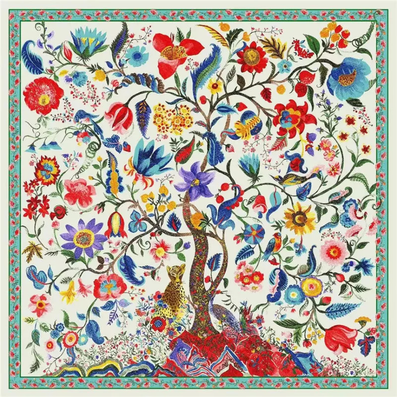 130130cm Silk Scarf y Women Large Shawls Animals Life Tree Print Stoles Square Bandana Kerchief Hijab Female Foulard 260416