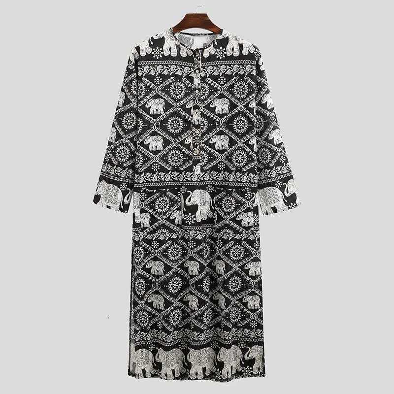Mens Muslim Robes Ethnic Graphics Printed Long Sleeve Cotton Pockets Robes Casual Islamic Arab Kaftan Dubai Kaftan 2025 New W251216