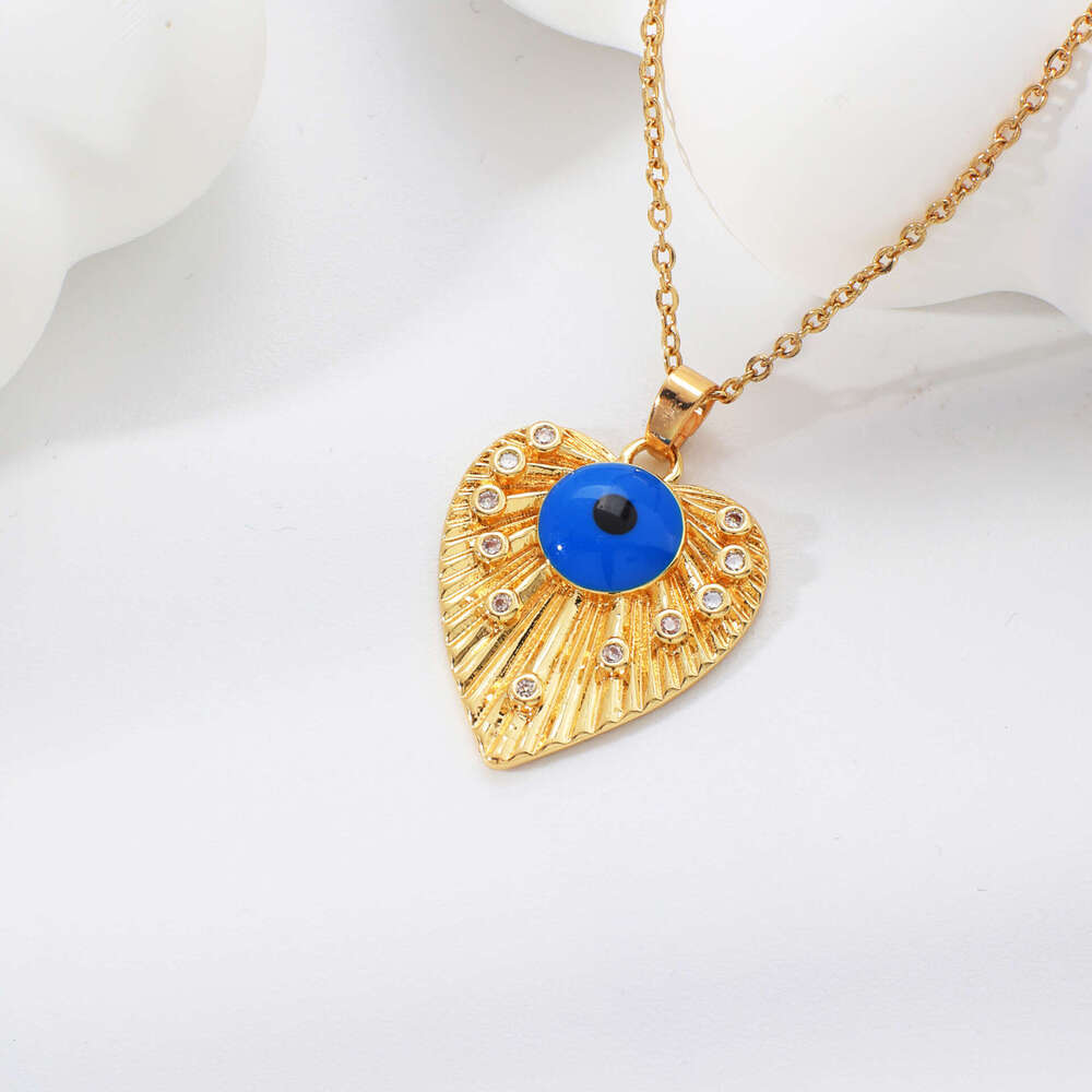 Kashi Cross-Border Pleated Heart Geometric Blue Eye Pattern Exquisitely Designed Zircon Necklace Wholesale Birthday Gift