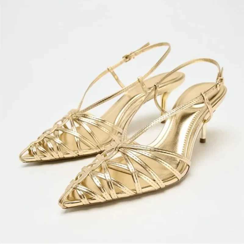 Luxury Gold Narrow Strap Hollow High Heels Women Sexy Pointed Toe Backless Designer Sandals Elegant Fashion Banquet Wedding Shoe X260417
