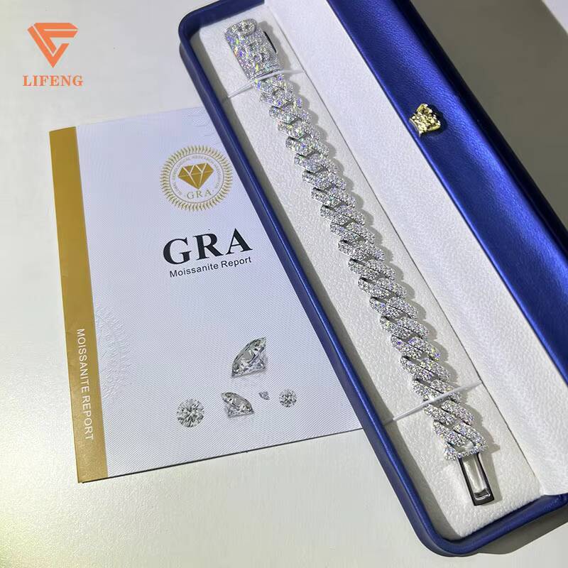 Lifeng Jewelry Custom Name Cuban Link Chain Bracelet Ice 14MM 2rows VVS Moissanite Silver White Gold Plated Cuban Chain