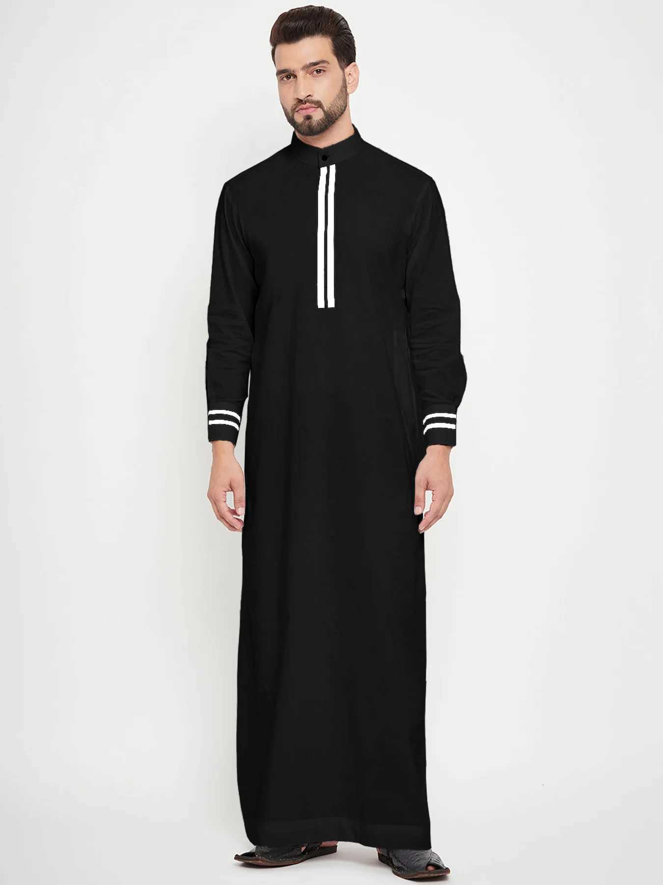 Mens Arab Shirt Long Robe with round Neck Pocket Striped Patchwork Collar Middle East Muslim Fashion Islamic Clothing W251216