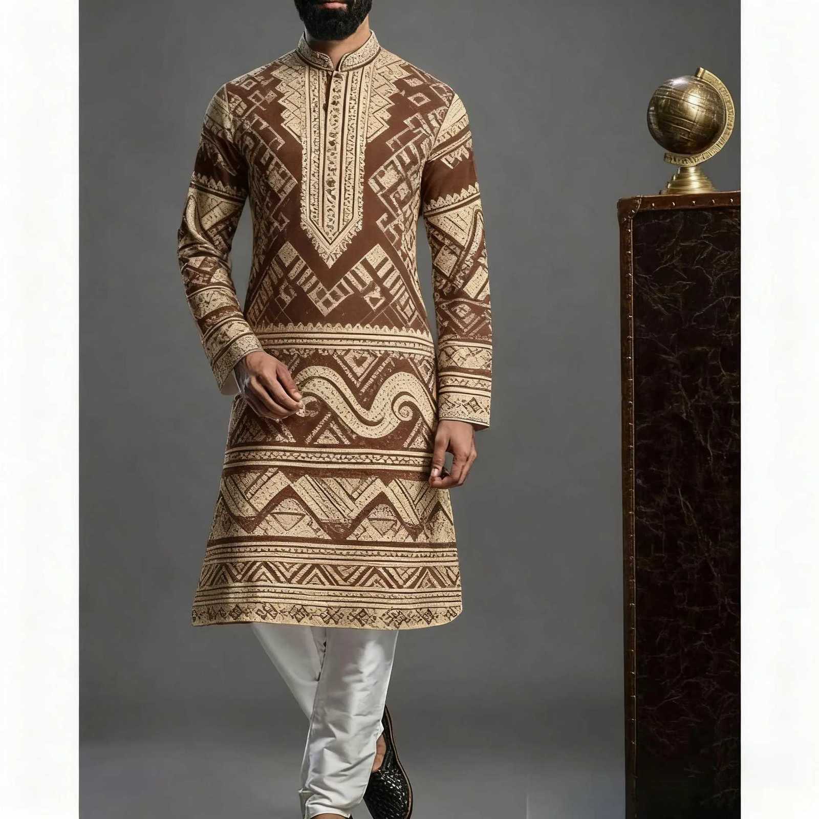 2026 Men Muslim Shirts Patchwork Neck Long Sleeve Vintage Men Clothing Islamic Arabic Casual Male Islamic Clothing Men W251216