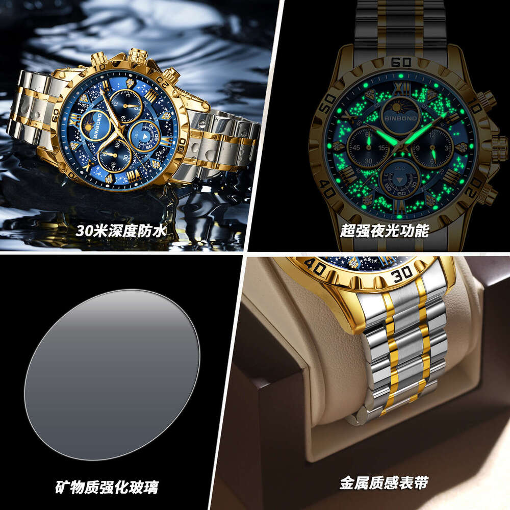 BINBOND Men's Quartz Watch, 38mm Steel Band Moon Phase Starry Night Dial, Waterproof Japanese Korean Style Luxury Timepiece - view 3