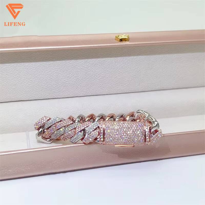 Custom 15mm 925 Sterling Silver Fine Chains Mens Two-Tone Rose Gold Cuban Link VVS Moissanite Diamond Test Ice Charms Bangles