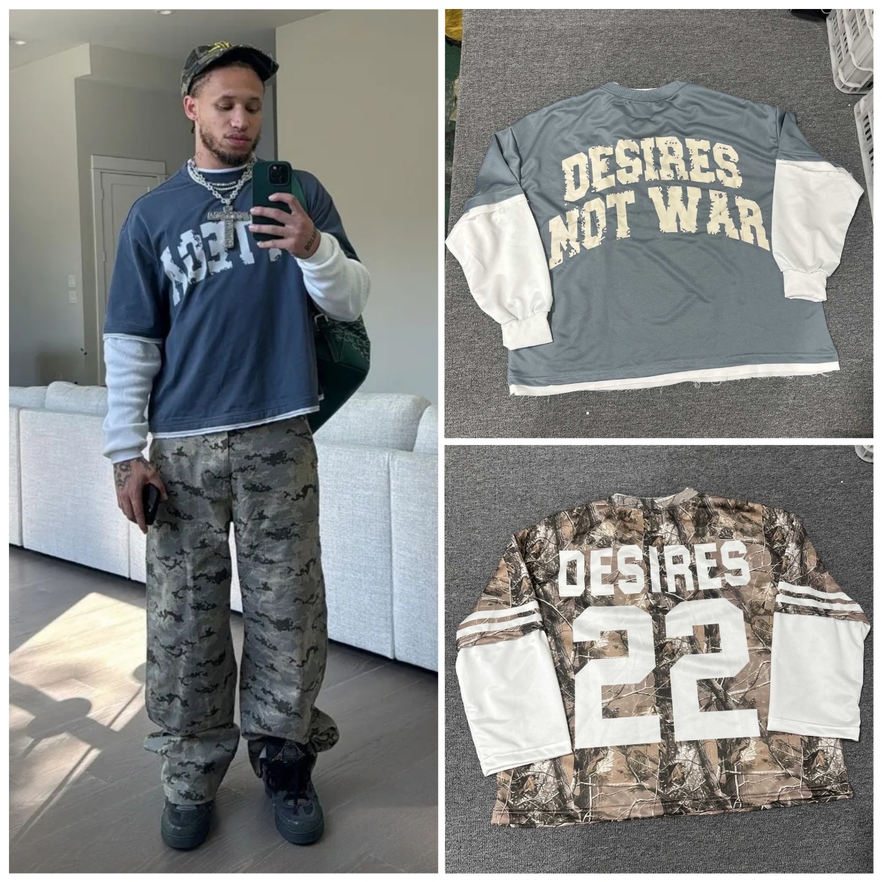 Street letter printed round neck fake two piece long sleeved t-shirt for men and women Y2k fashionable casual loose top trendy couple