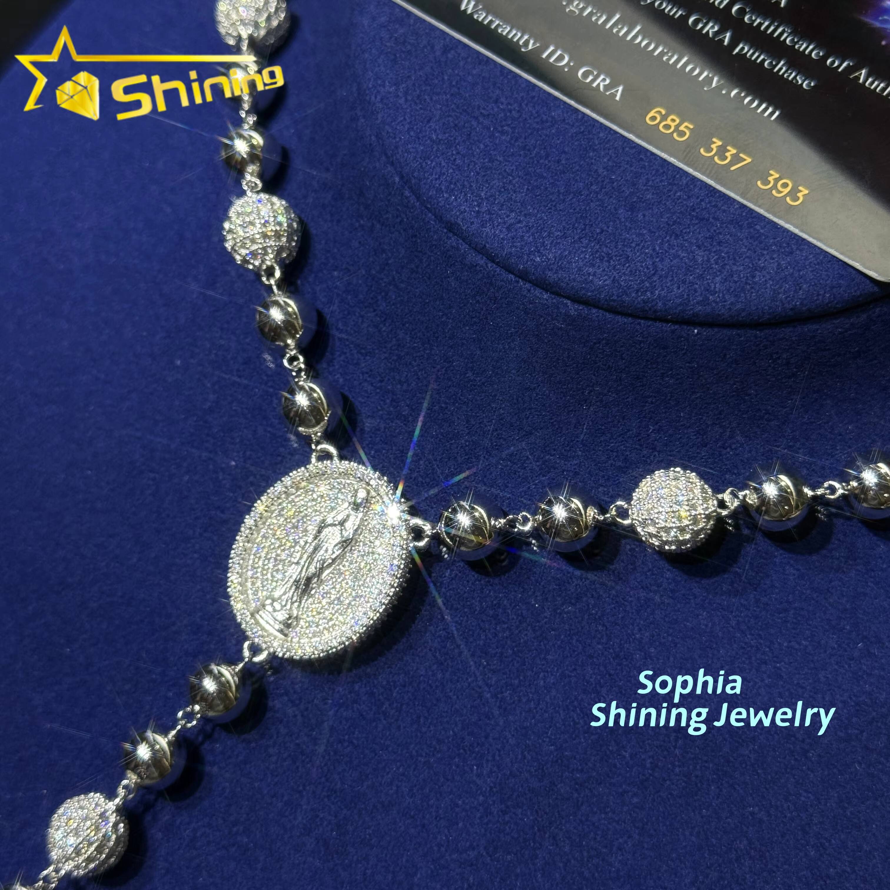 Hip Hop 925 Silver Moissanite Bead Necklace with Cross Pendant Custom Iced Out Moissanite Diamond Rosary Chain