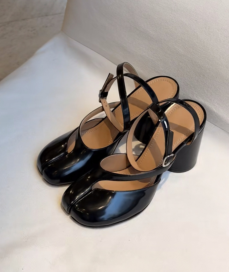 Women Patent Leather Tabi Split Toe Heeled Sandals, Ankle Strap Buckle Chunky Block Mid Heel Backless Vintage Mary Jane Shoes