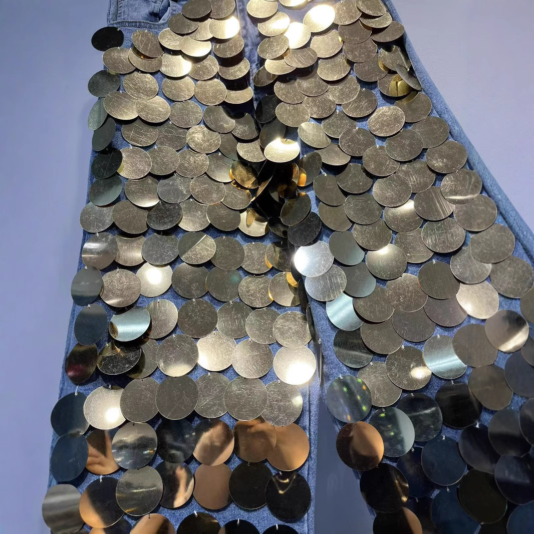 High-end unique sequined handcrafted heavy-decorated straight-cut slimming street-style high-waisted womens jeans 251009