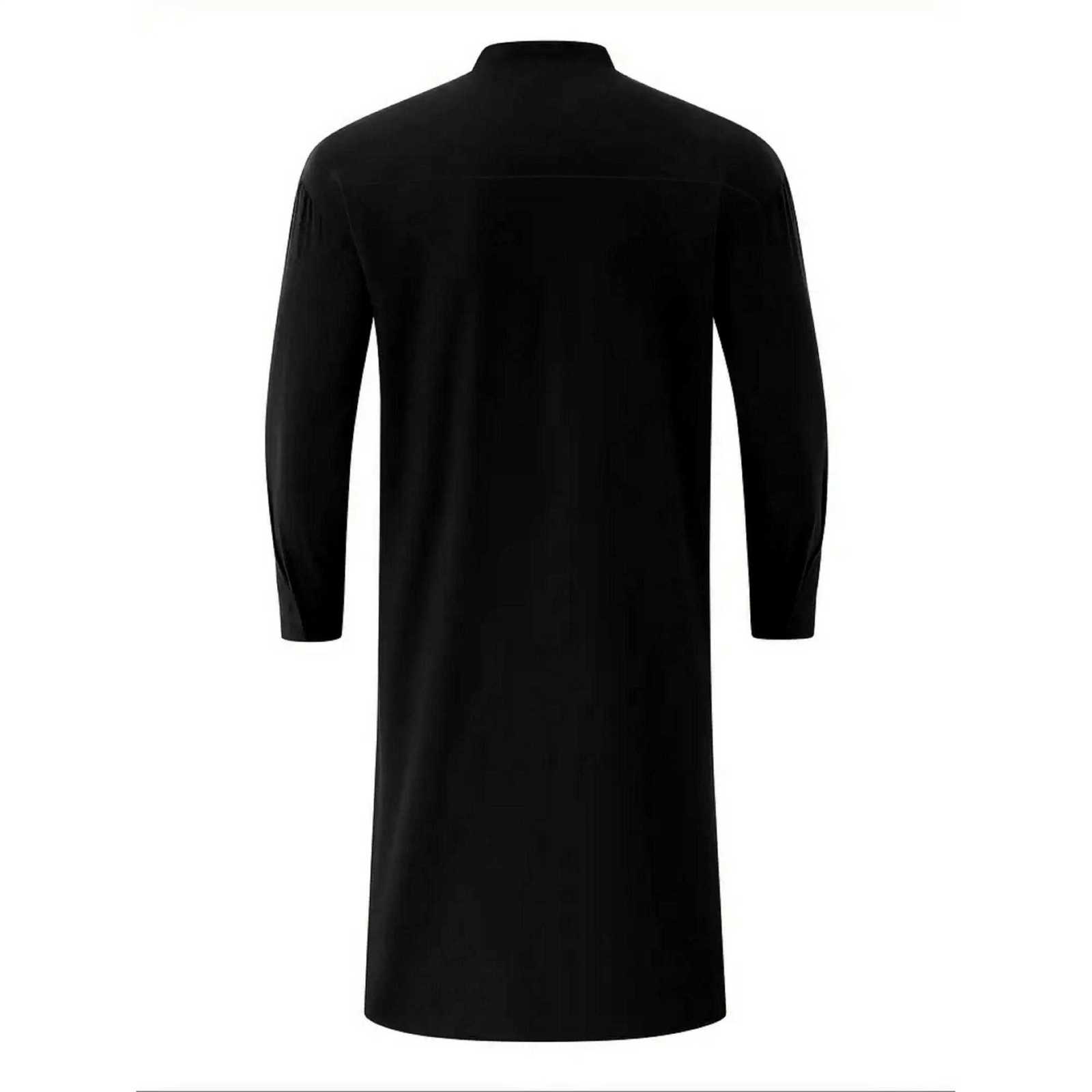 Mens stand-up collar black Muslim robe mid-length personality casual fashion solid color shirt traditional mens clothing W251216