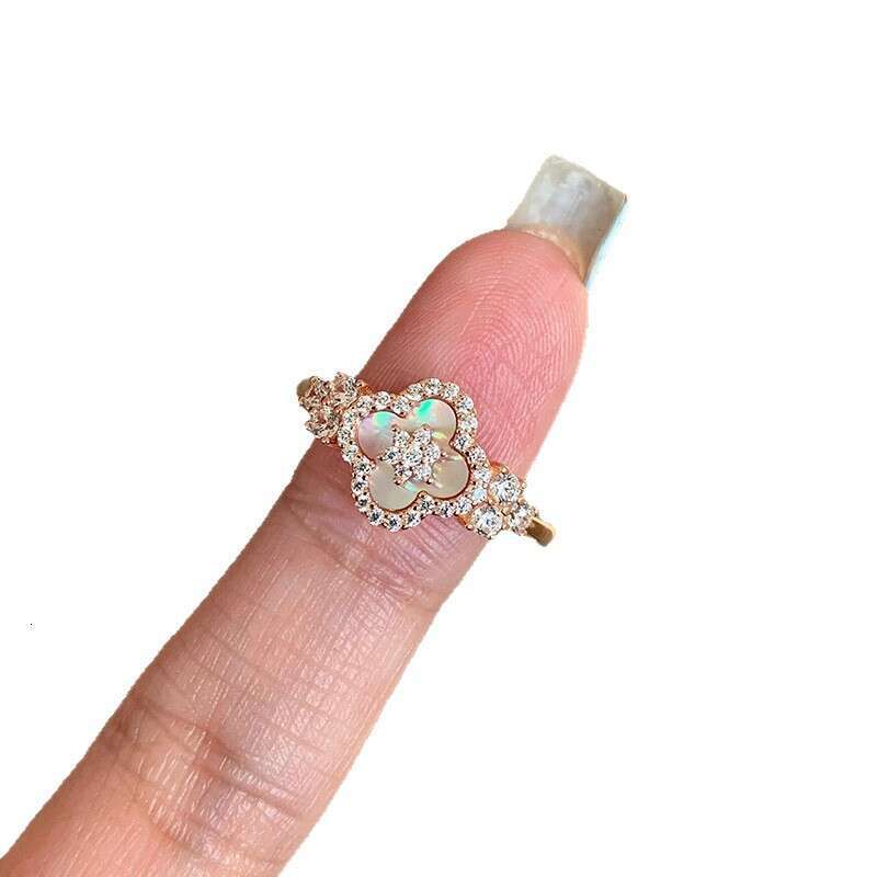 Zircon Mother-Of-Pearl Rhombus Three-Petal Grass Open Fashion Trend Index Finger Ring Elegant Versatile Sweet Hand Jewelry Wholesale