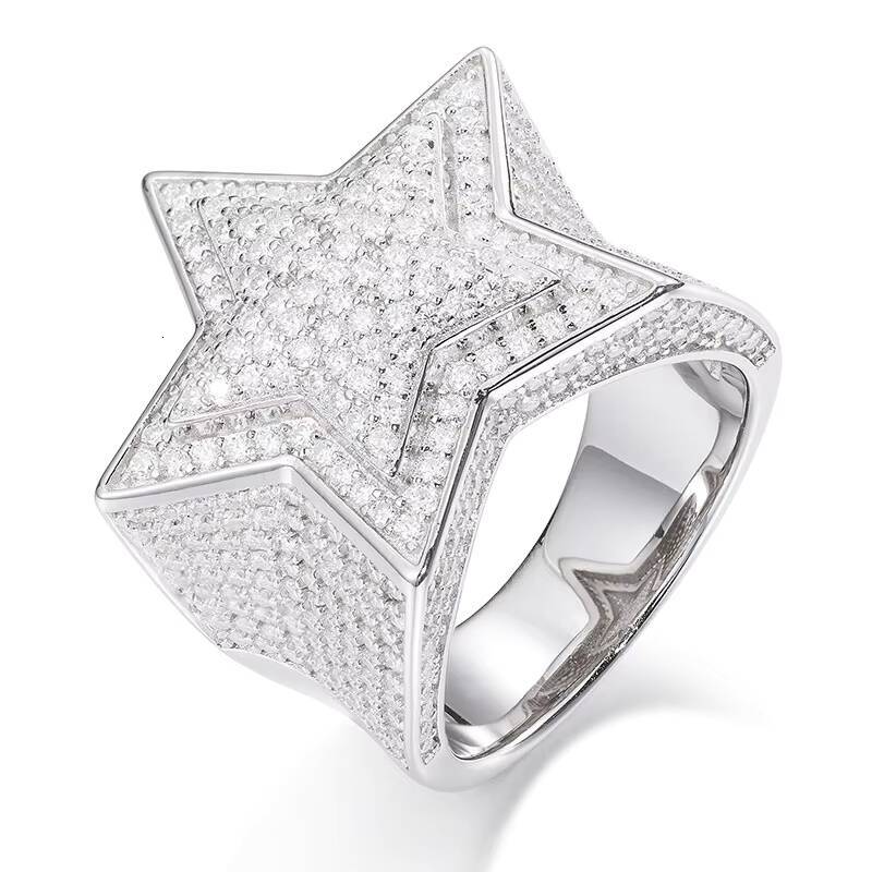 Hip Hop Fashion S925 Sterling Silver Wedding Ring for Men VVS D Color Moissanite with Five-Pointed Star Iced Style