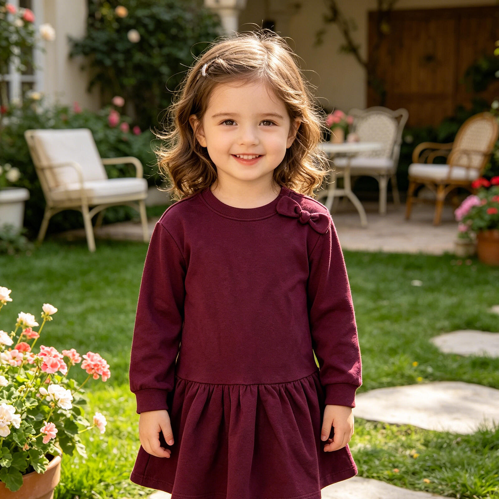 Kids Girls Burgundy Long Sleeve Dress with Bow Detail, Ruffle Hem Casual Sweatshirt Dress